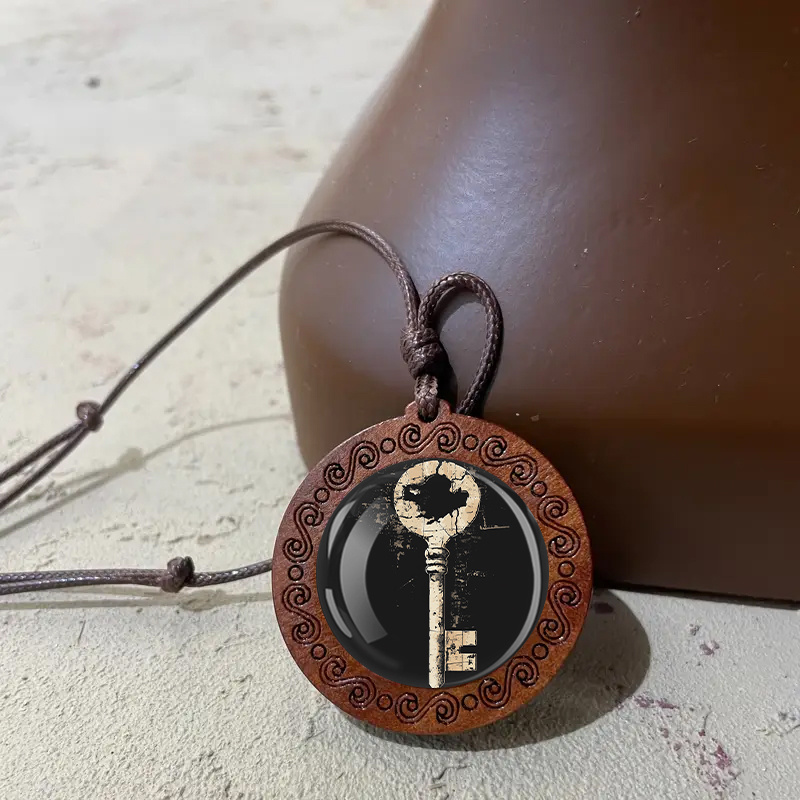Vintage Key Pendant Necklace with Rustic Wood Chain